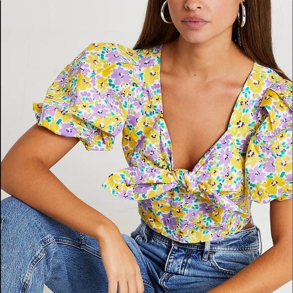 River Island floral Puffed Sleeve tie front crop top Yellow and Purple size 14 - Picture 1 of 14